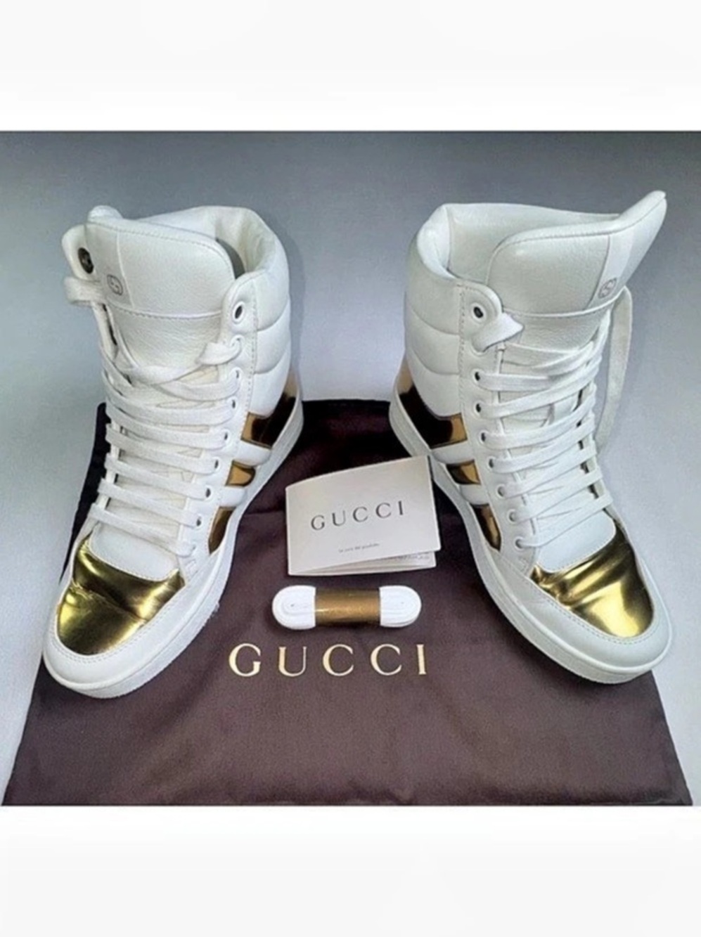 2010s Gucci 370504 High Top Sneakers Women 36 White Gold Leather Italy Box